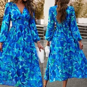 Boho Printed V-Neck Long Sleeve Midi Dress
